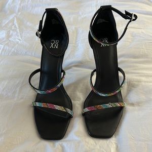 New York & Company black strappy sandals with rainbow rhinestones size US 8